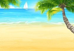 Illustration of the beach and ocean with palm trees and sailing